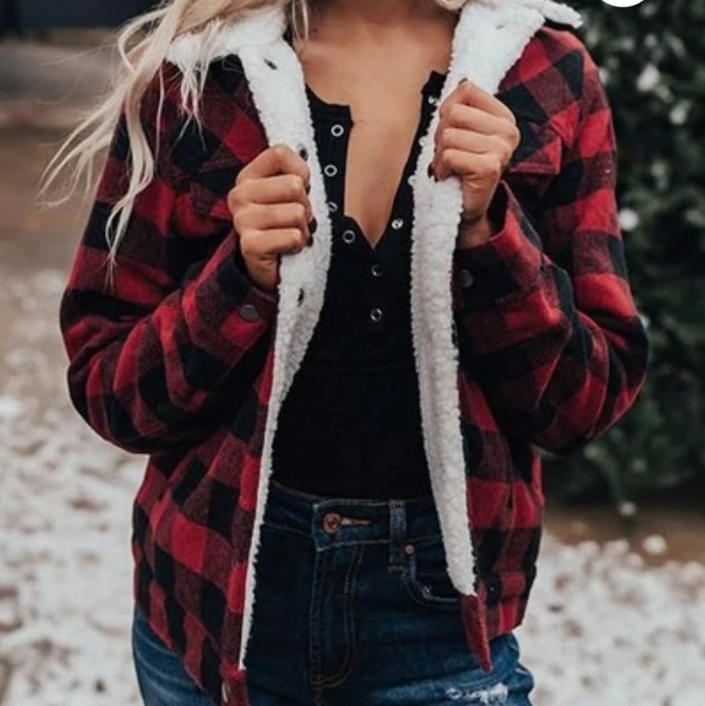 Montrez Red/Black Sherpa Lumberjack Coat - Picture 3 of 11